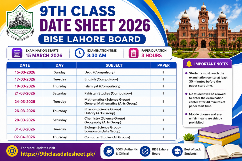 9th Class Date Sheet 2026 BISE Lahore Board