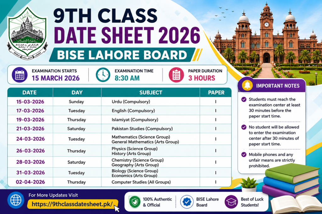 9th Class Date Sheet 2026 BISE Lahore Board