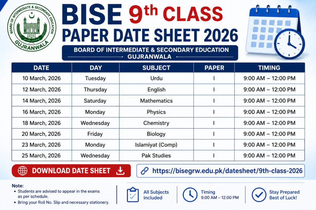 muja bise 9th class paper date sheet 2026 ki link kay saath achi si image do