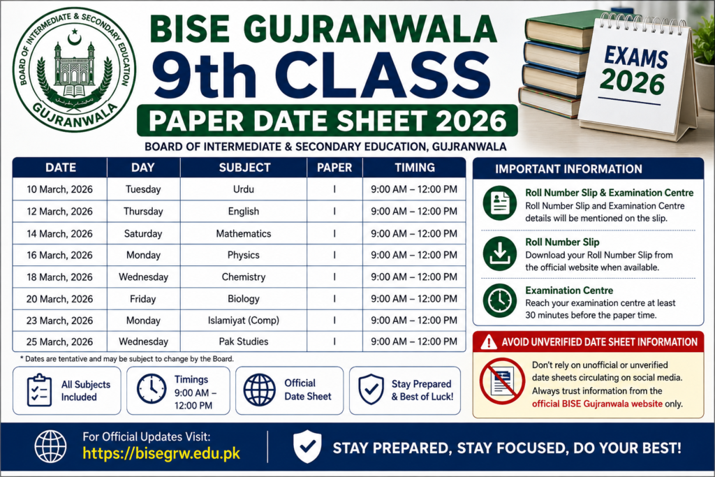 Avoid unverified date sheet information. Muja bise 9th class paper date sheet 2026 ki image do  is ma gujranwala na ho muja avoid unverified date sheet information ki ho image

