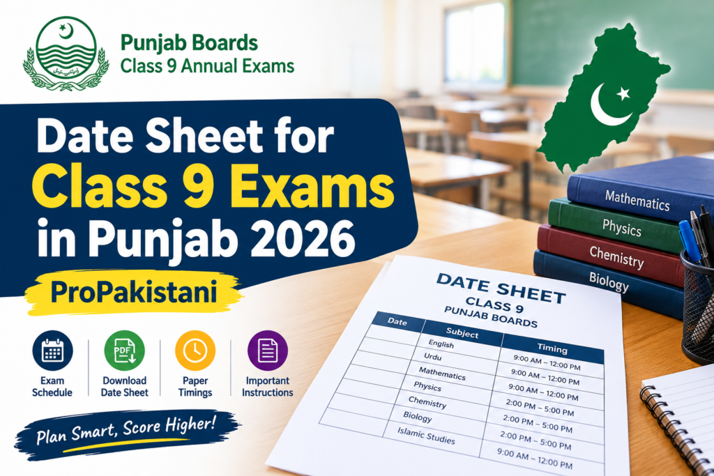 Date Sheet for Class 9 Exams in Punjab 2026 propakistani